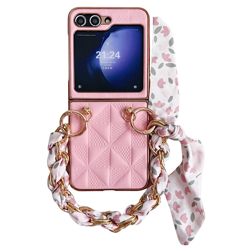 For Samsung Galaxy Z Flip6 5G Case Grid Texture Leather + PC Bracelet Phone Cover - Pink
