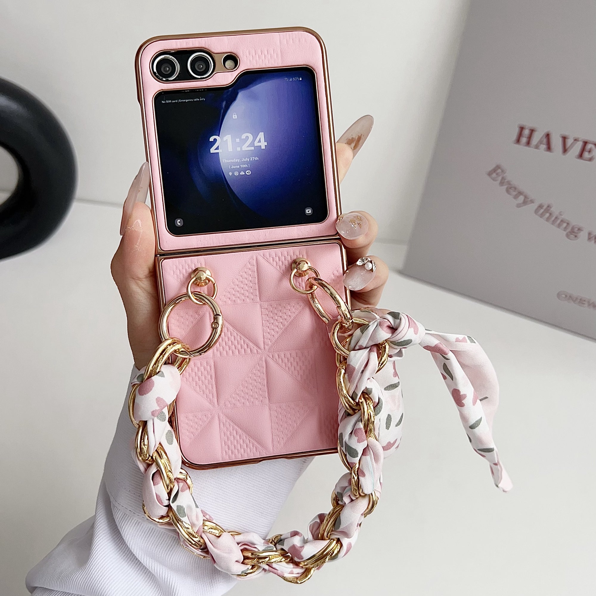 For Samsung Galaxy Z Flip6 5G Case Grid Texture Leather + PC Bracelet Phone Cover - Pink