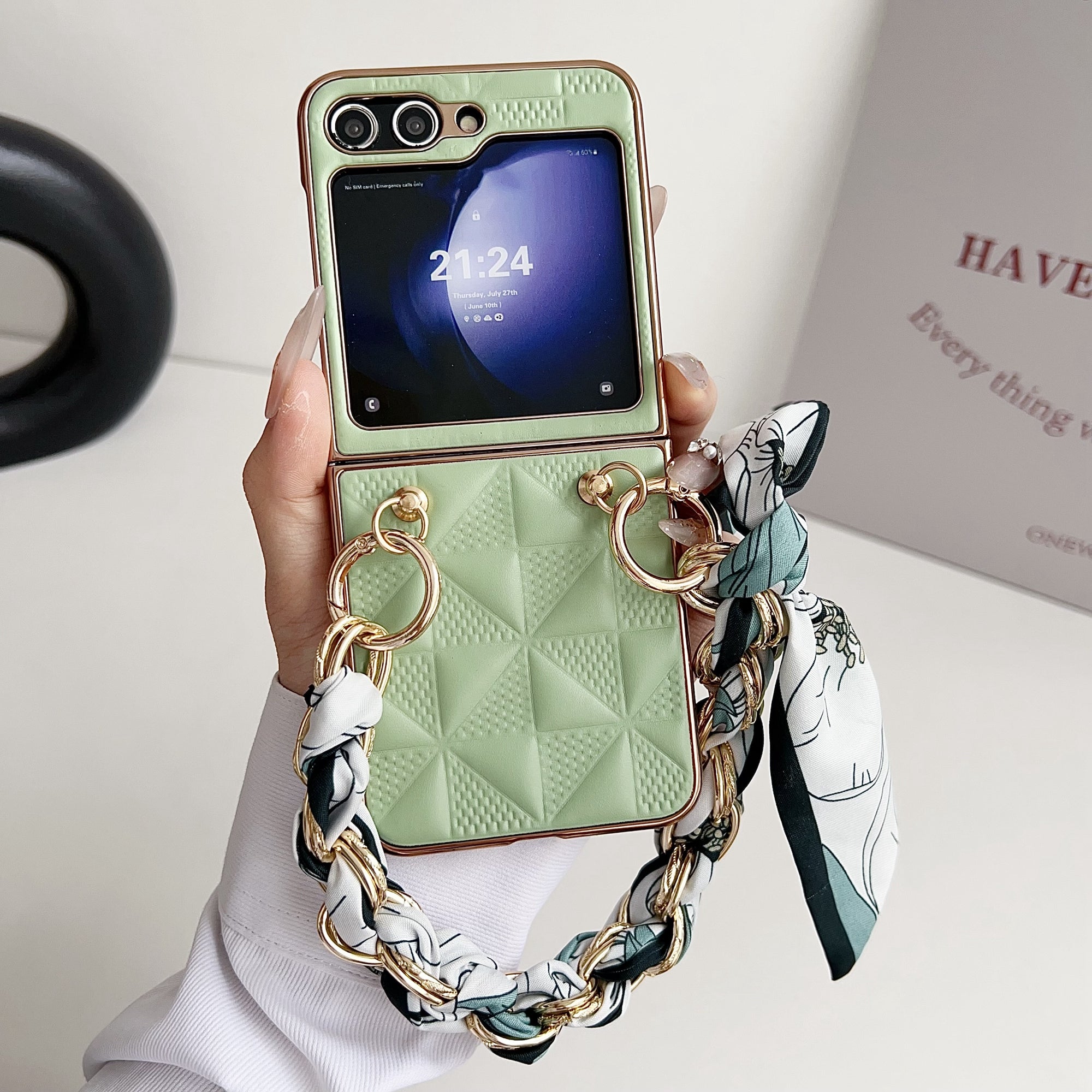 For Samsung Galaxy Z Flip6 5G Case Grid Texture Leather + PC Bracelet Phone Cover - Light Green