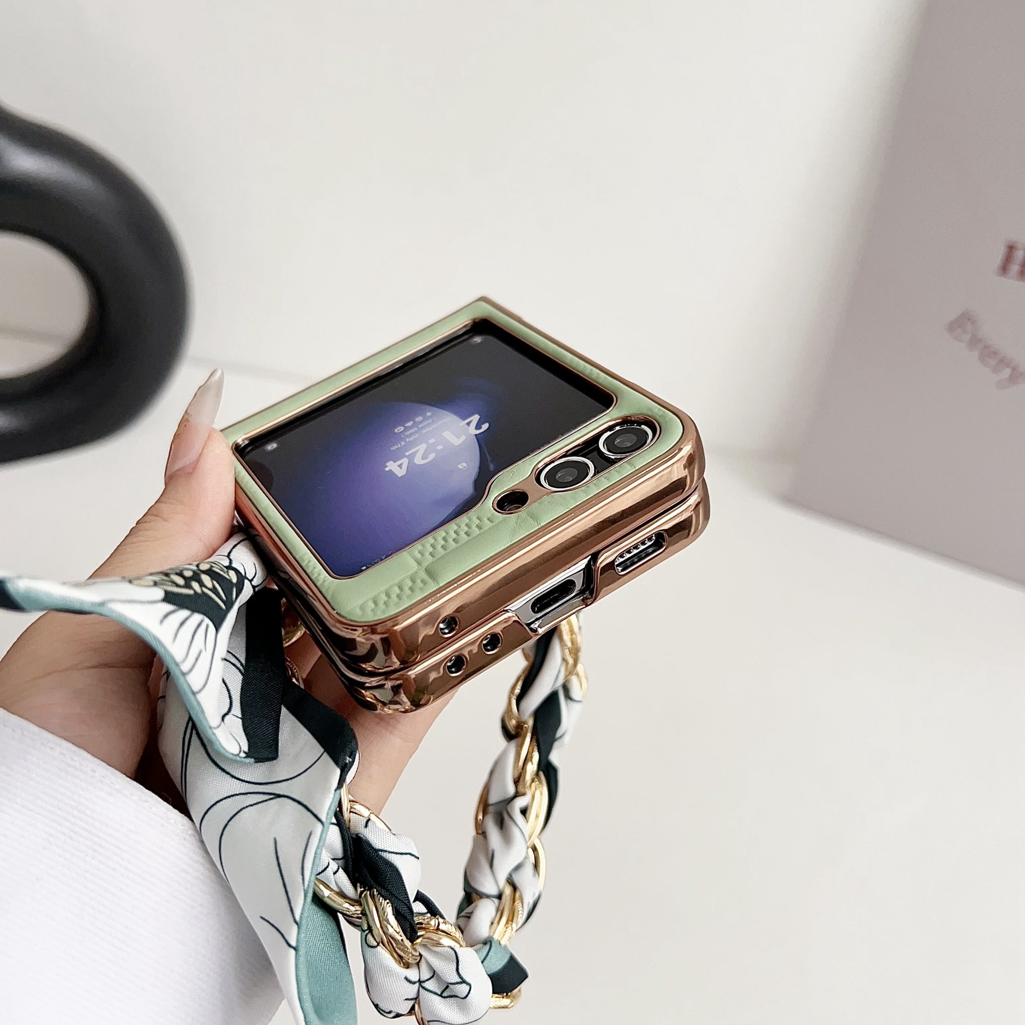 For Samsung Galaxy Z Flip6 5G Case Grid Texture Leather + PC Bracelet Phone Cover - Light Green