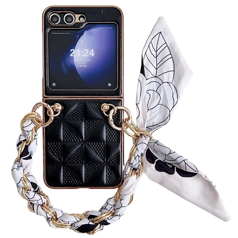 For Samsung Galaxy Z Flip7 FE 5G / Z Flip6 5G / Z Flip5 5G Case Grid Texture Leather + PC Bracelet Phone Cover - Black