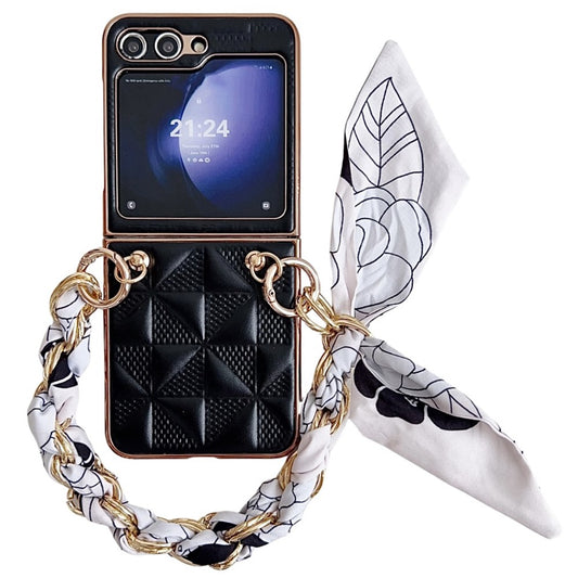 For Samsung Galaxy Z Flip7 FE 5G / Z Flip6 5G / Z Flip5 5G Case Grid Texture Leather + PC Bracelet Phone Cover - Black