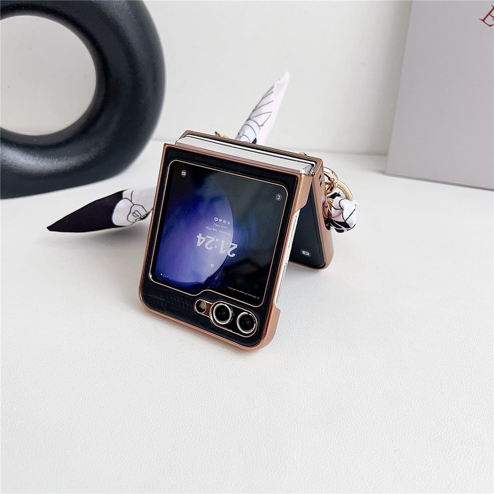 For Samsung Galaxy Z Flip7 FE 5G / Z Flip6 5G / Z Flip5 5G Case Grid Texture Leather + PC Bracelet Phone Cover - Black