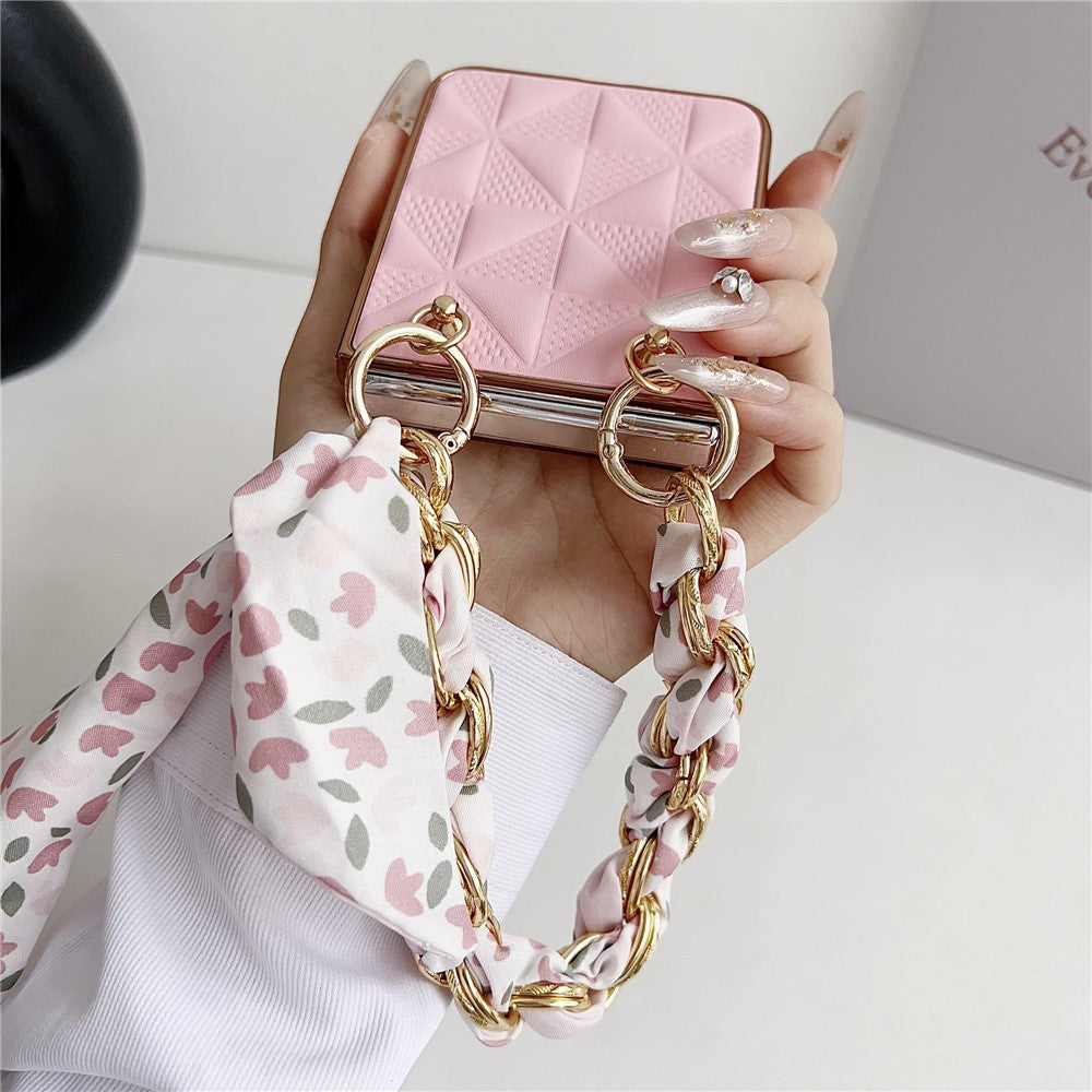 For Samsung Galaxy Z Flip7 FE 5G / Z Flip6 5G / Z Flip5 5G Case Grid Texture Leather + PC Bracelet Phone Cover - Black