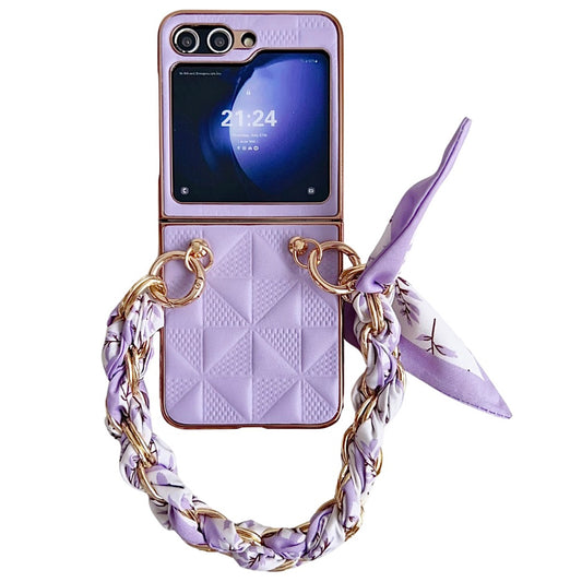 For Samsung Galaxy Z Flip6 5G Case Grid Texture Leather + PC Bracelet Phone Cover - Purple