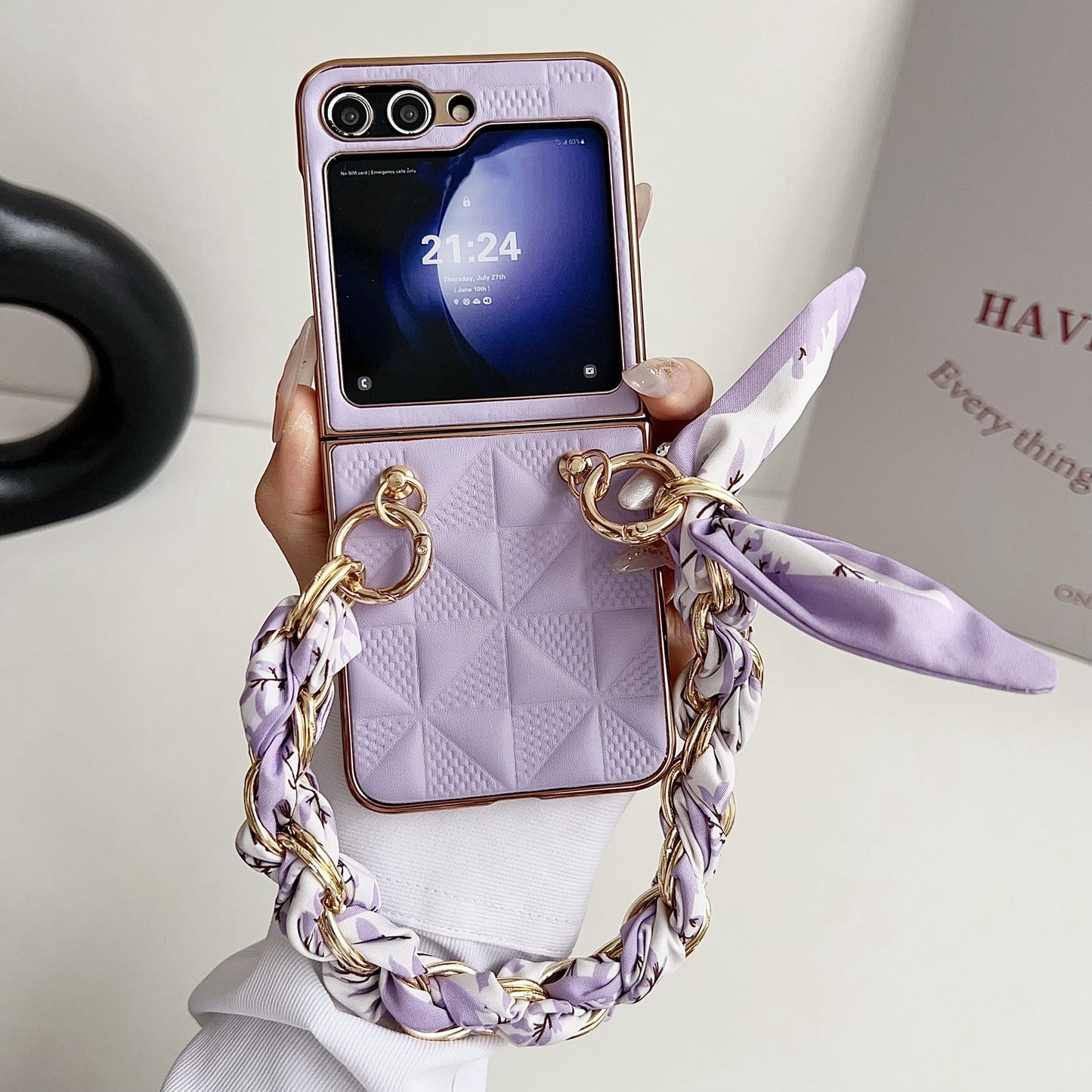 For Samsung Galaxy Z Flip6 5G Case Grid Texture Leather + PC Bracelet Phone Cover - Purple