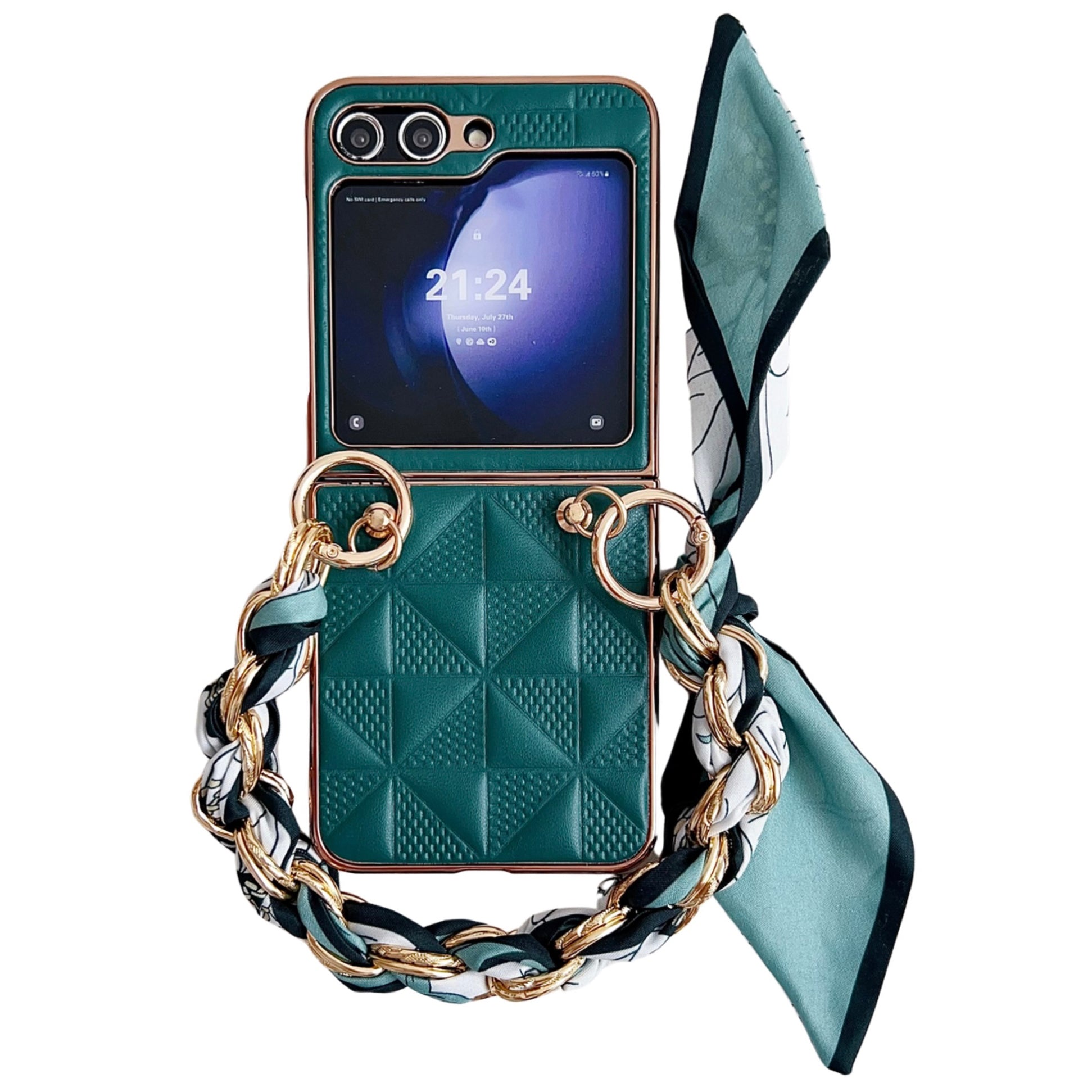 For Samsung Galaxy Z Flip6 5G Case Grid Texture Leather + PC Bracelet Phone Cover - Dark Green