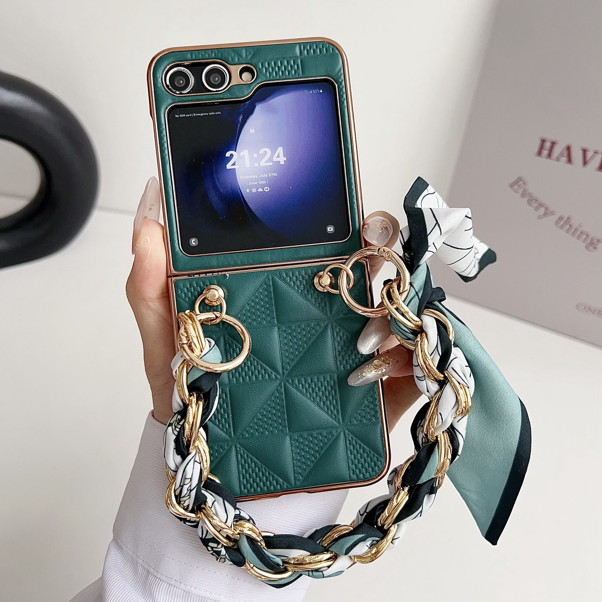 For Samsung Galaxy Z Flip6 5G Case Grid Texture Leather + PC Bracelet Phone Cover - Dark Green