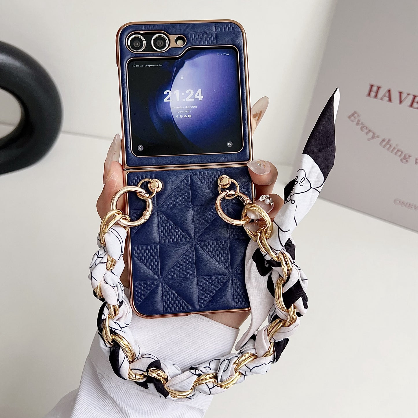 For Samsung Galaxy Z Flip6 5G Case Grid Texture Leather + PC Bracelet Phone Cover - Sapphire