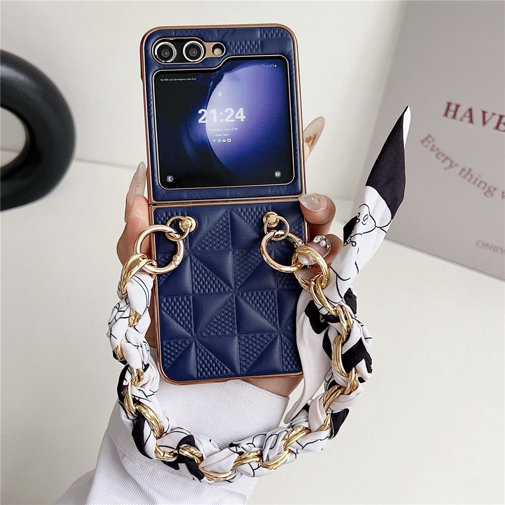 For Samsung Galaxy Z Flip7 FE 5G / Z Flip6 5G / Z Flip5 5G Case Grid Texture Leather + PC Bracelet Phone Cover - Sapphire
