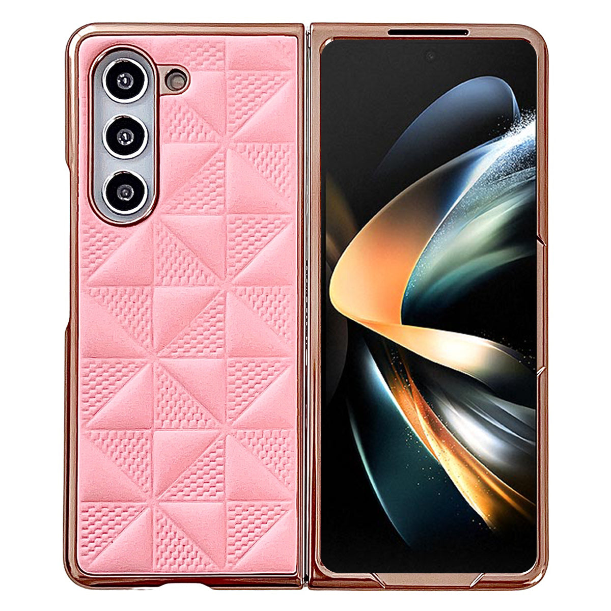 For Samsung Galaxy Z Fold6 5G Case Grid Pattern PU Leather+PC Electroplating Phone Cover - Pink