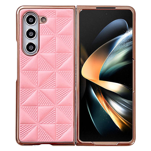 For Samsung Galaxy Z Fold6 5G Case Grid Pattern PU Leather+PC Electroplating Phone Cover - Pink