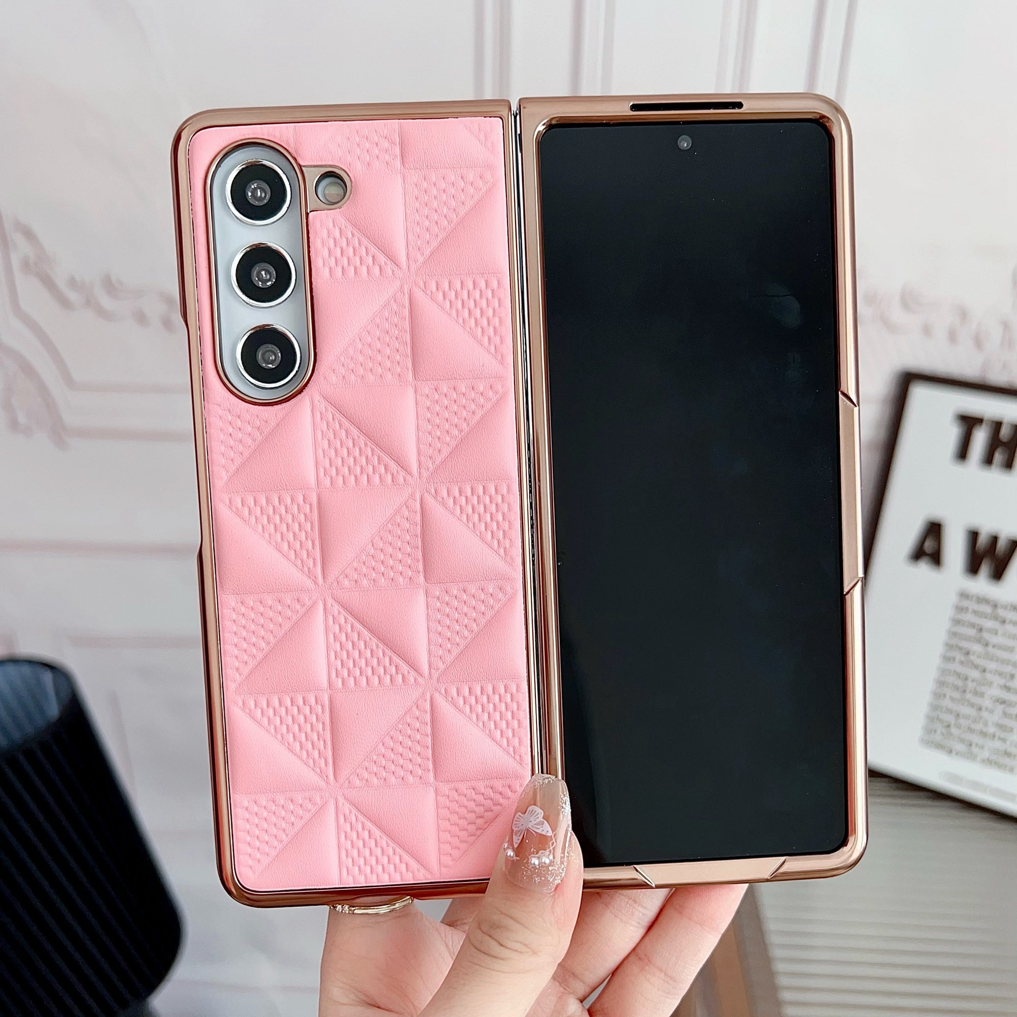 For Samsung Galaxy Z Fold6 5G Case Grid Pattern PU Leather+PC Electroplating Phone Cover - Pink