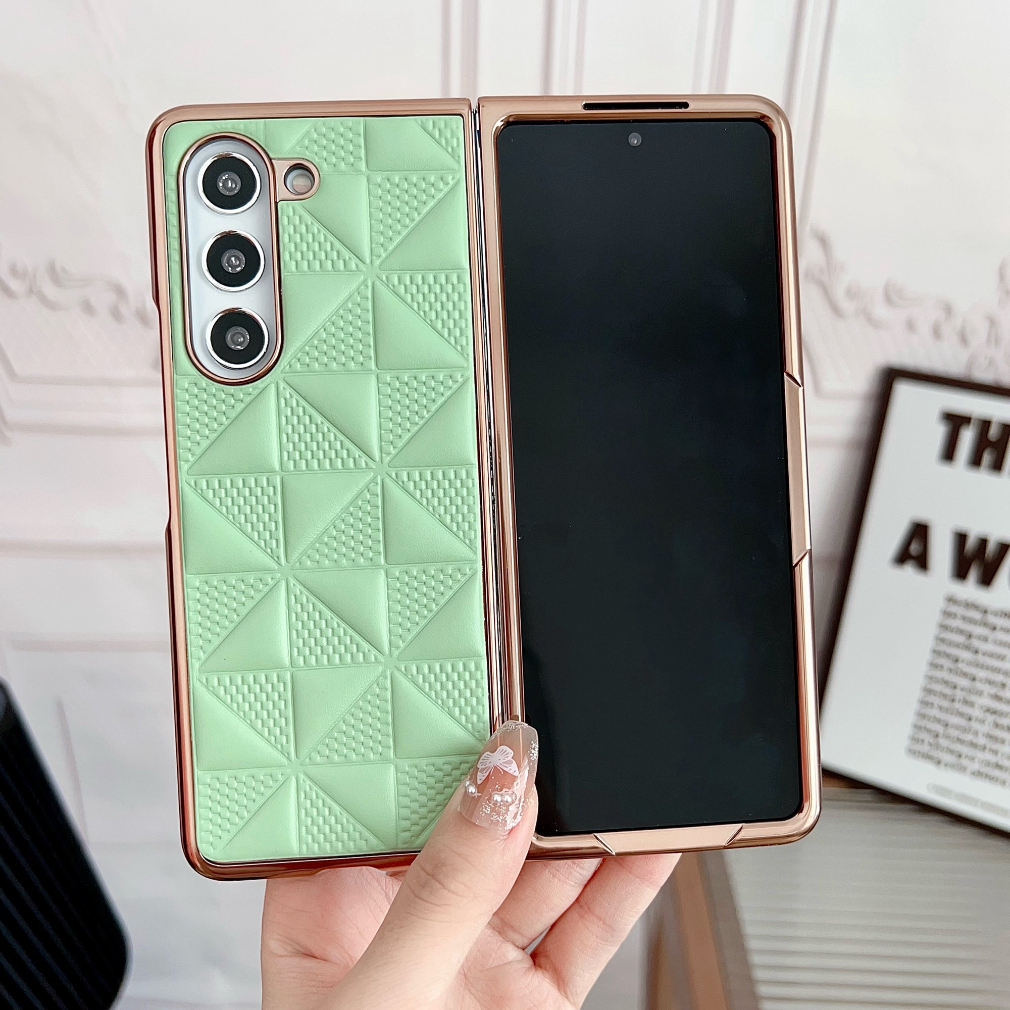 For Samsung Galaxy Z Fold6 5G Case Grid Pattern PU Leather+PC Electroplating Phone Cover - Light Green