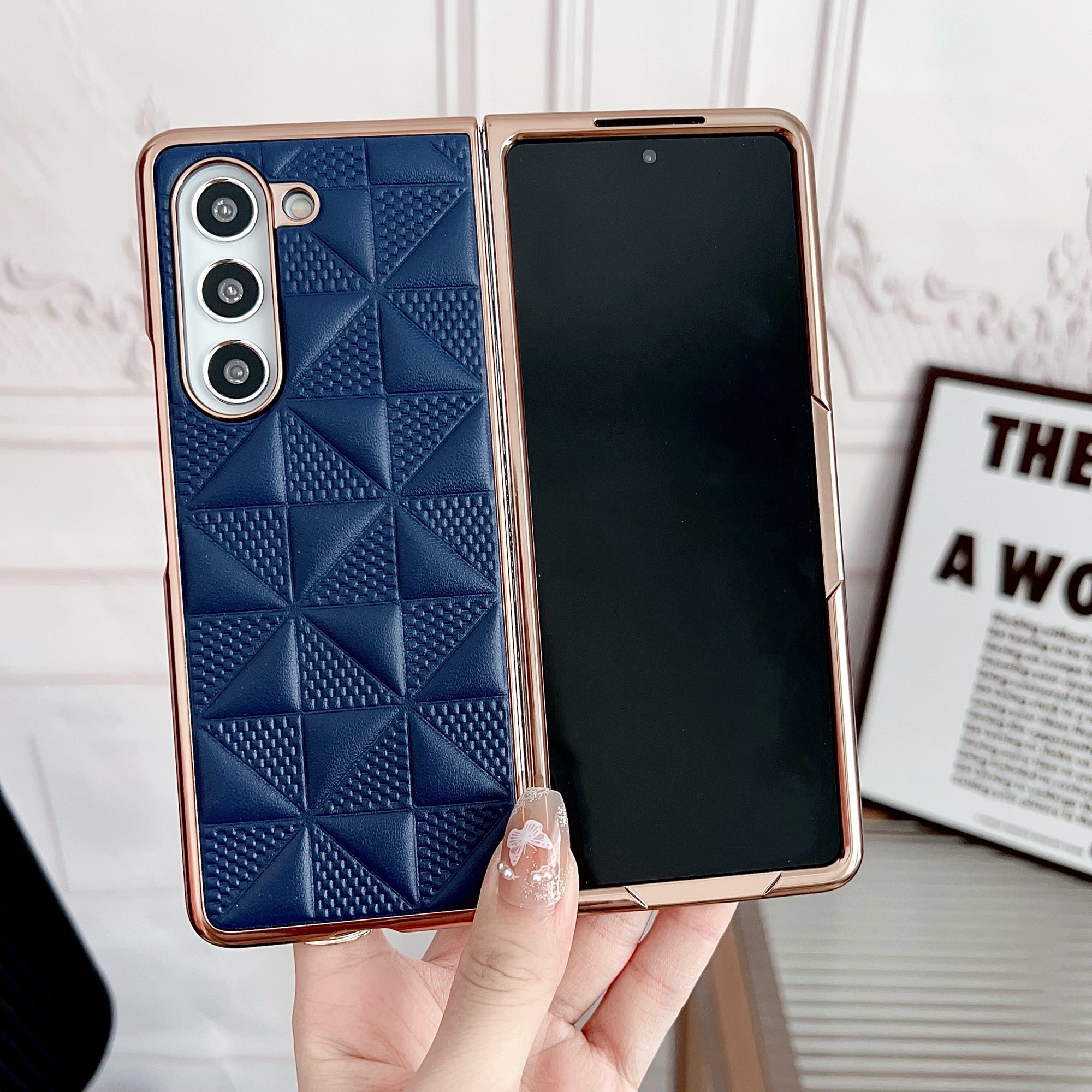 For Samsung Galaxy Z Fold6 5G Case Grid Pattern PU Leather+PC Electroplating Phone Cover - Sapphire