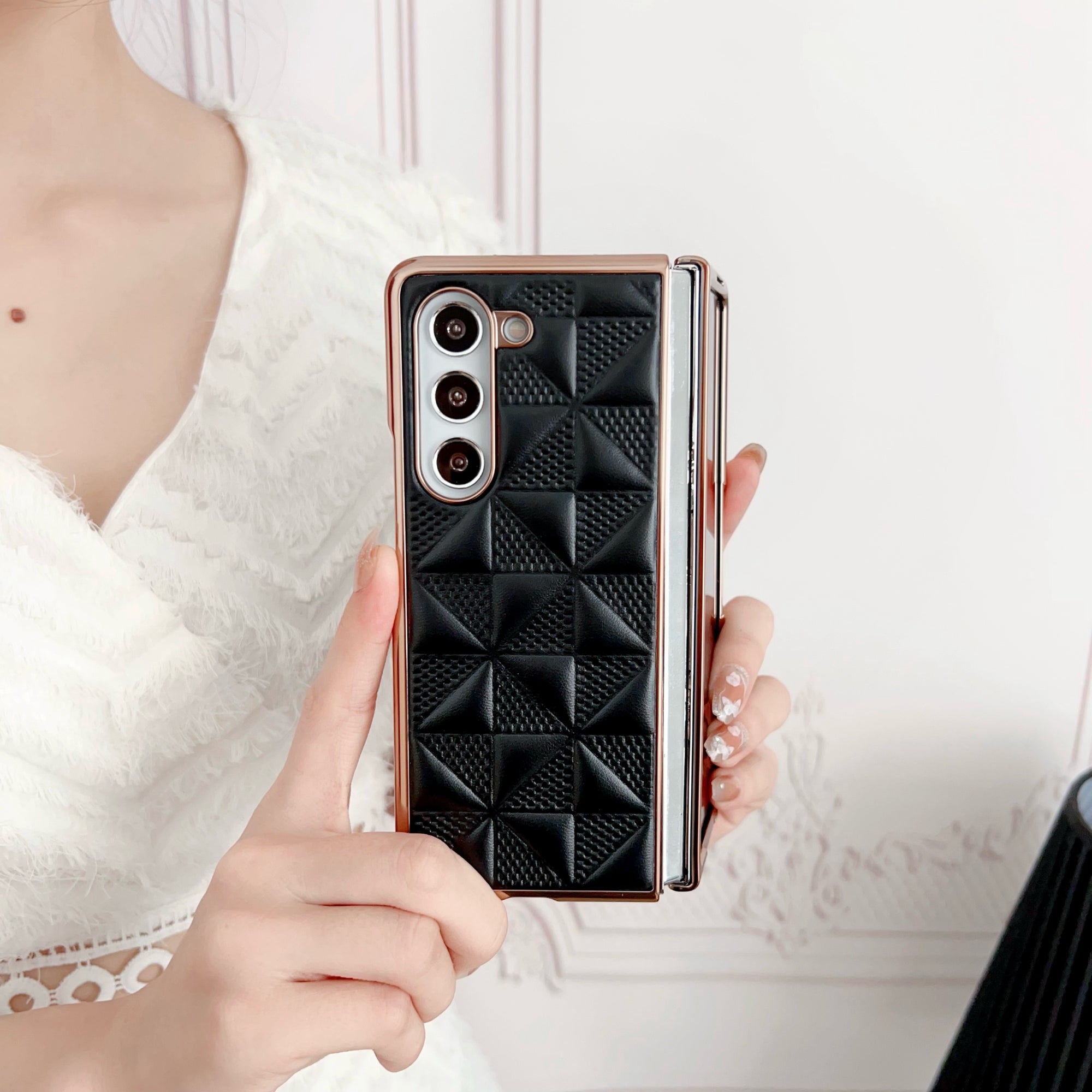 For Samsung Galaxy Z Fold6 5G Case Grid Pattern PU Leather+PC Electroplating Phone Cover - Sapphire