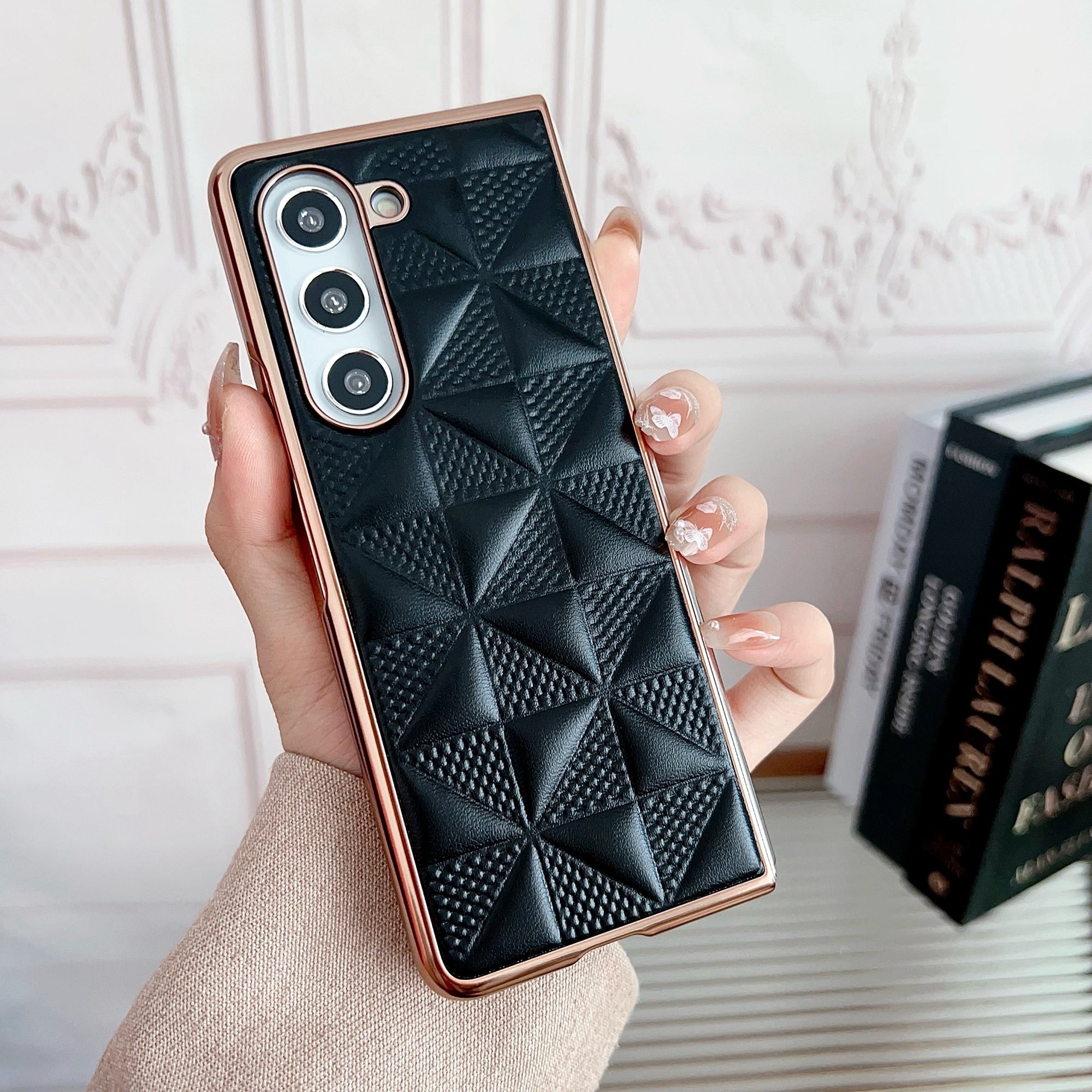 For Samsung Galaxy Z Fold6 5G Case Grid Pattern PU Leather+PC Electroplating Phone Cover - Sapphire