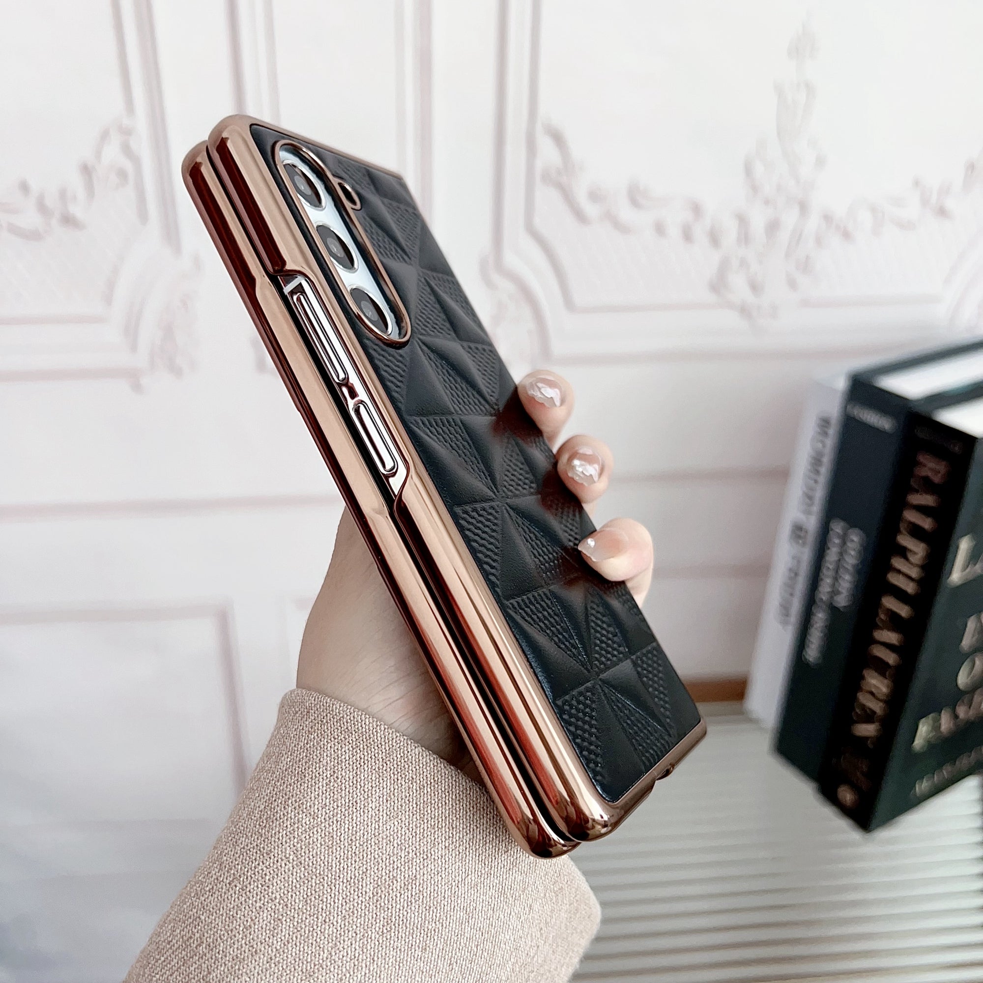 For Samsung Galaxy Z Fold6 5G Case Grid Pattern PU Leather+PC Electroplating Phone Cover - Sapphire