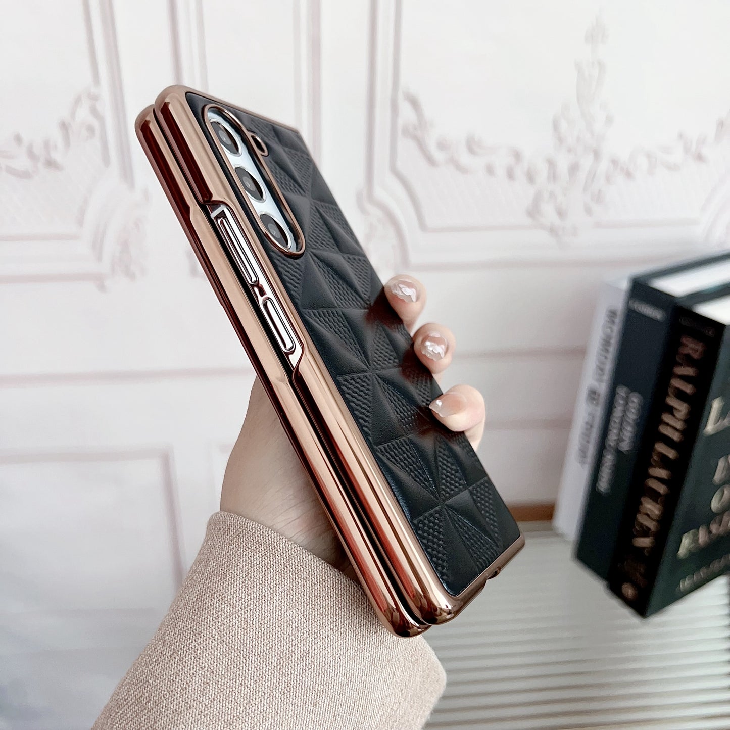 For Samsung Galaxy Z Fold6 5G Case Grid Pattern PU Leather+PC Electroplating Phone Cover - Sapphire