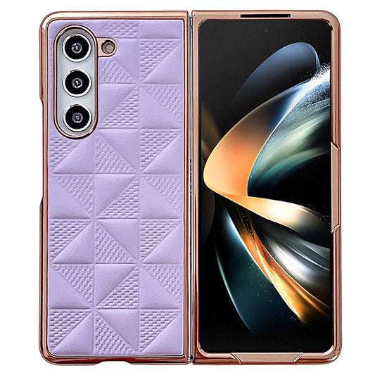 For Samsung Galaxy Z Fold6 5G Case Grid Pattern PU Leather+PC Electroplating Phone Cover - Purple