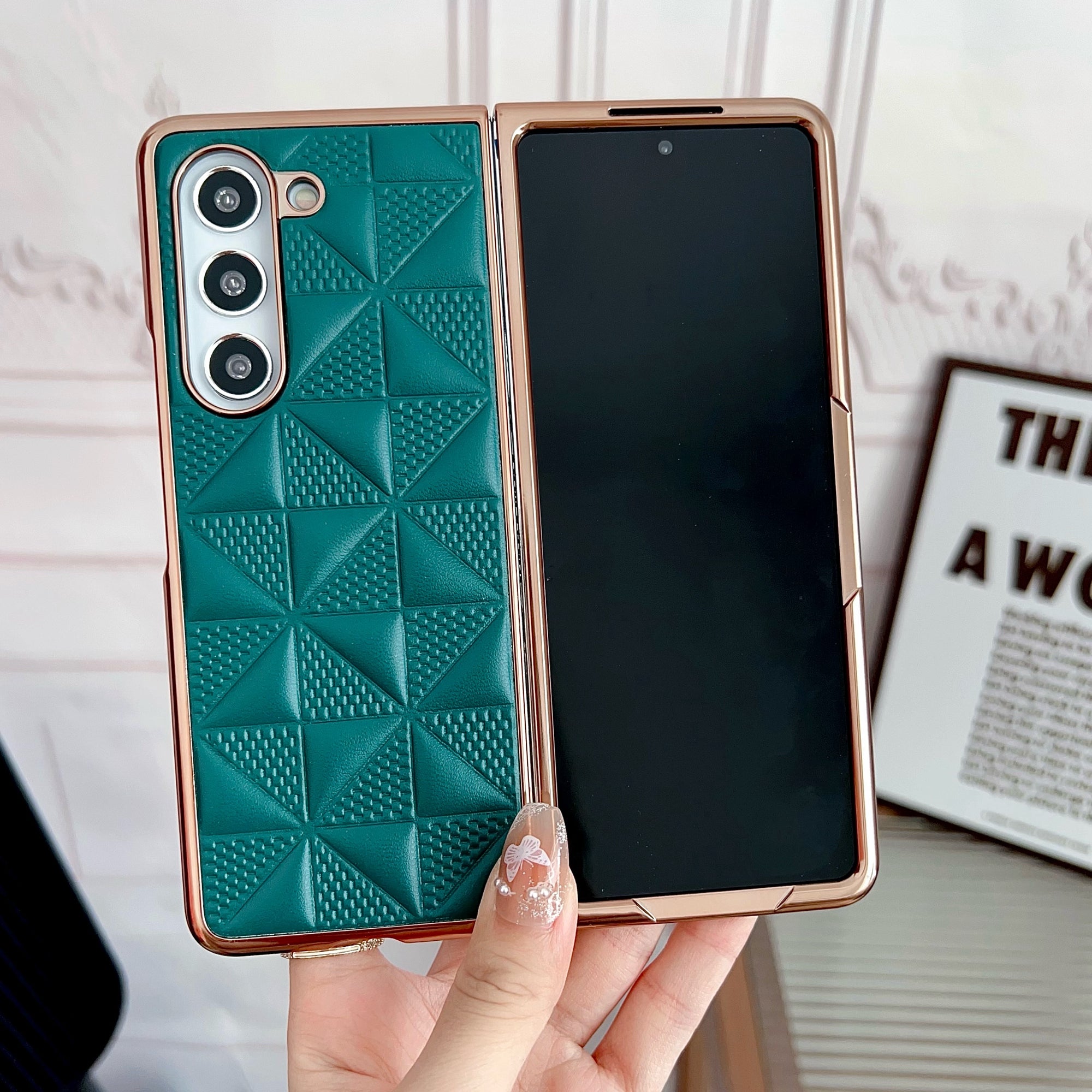 For Samsung Galaxy Z Fold6 5G Case Grid Pattern PU Leather+PC Electroplating Phone Cover - Dark Green