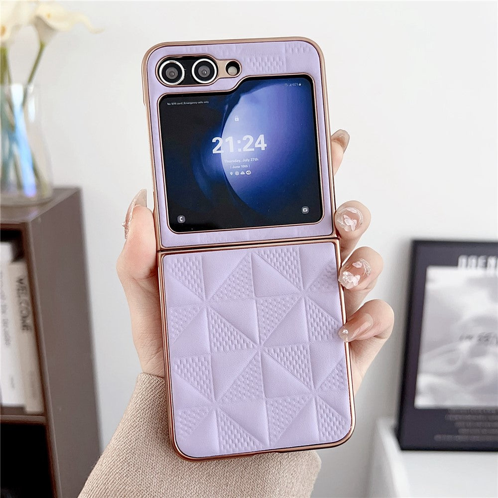 For Samsung Galaxy Z Flip7 FE 5G / Z Flip6 5G / Z Flip5 5G Case Electroplating Frame Leather + PC Grid Texture Phone Cover - Purple
