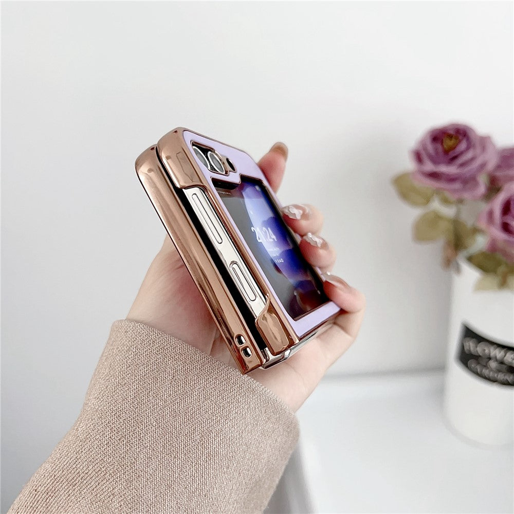 For Samsung Galaxy Z Flip7 FE 5G / Z Flip6 5G / Z Flip5 5G Case Electroplating Frame Leather + PC Grid Texture Phone Cover - Purple