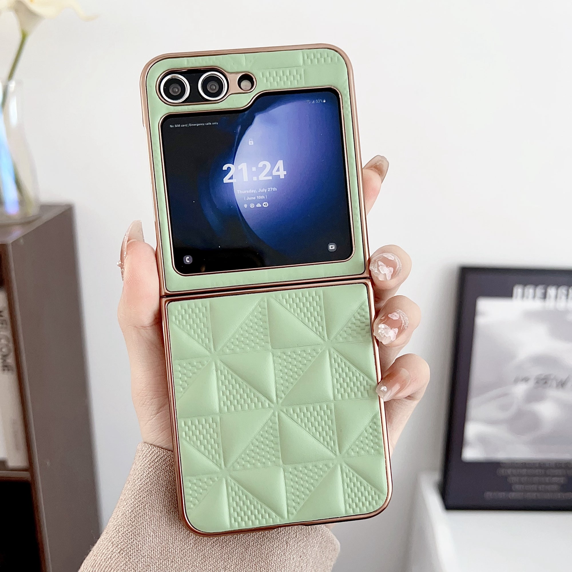For Samsung Galaxy Z Flip6 5G Case Electroplating Frame Leather + PC Grid Texture Phone Cover - Light Green