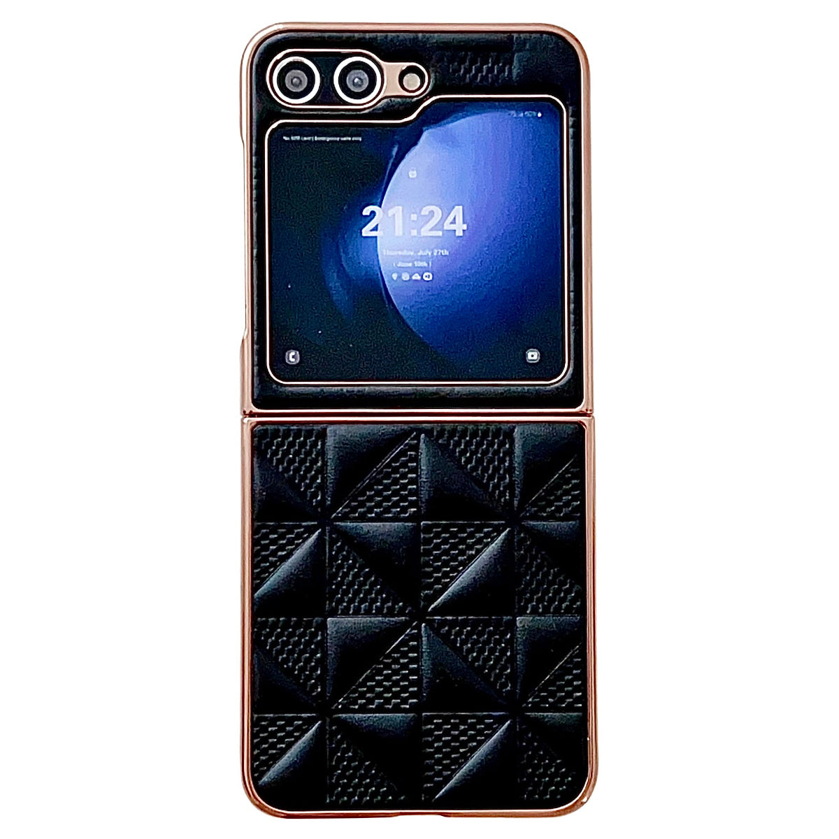 For Samsung Galaxy Z Flip6 5G Case Electroplating Frame Leather + PC Grid Texture Phone Cover - Black