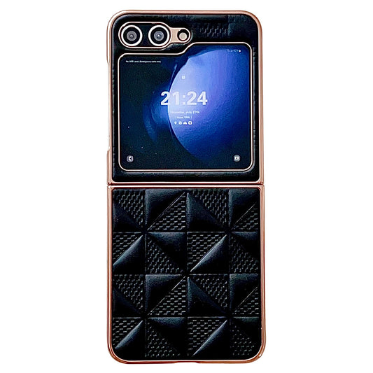 For Samsung Galaxy Z Flip6 5G Case Electroplating Frame Leather + PC Grid Texture Phone Cover - Black