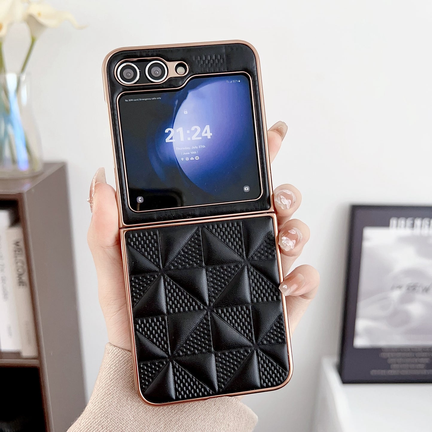 For Samsung Galaxy Z Flip6 5G Case Electroplating Frame Leather + PC Grid Texture Phone Cover - Black