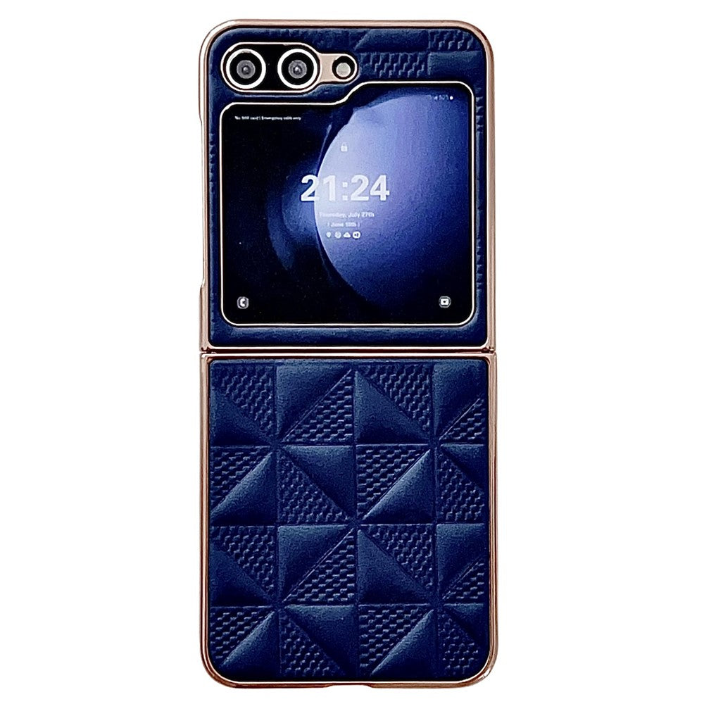 For Samsung Galaxy Z Flip7 FE 5G / Z Flip6 5G / Z Flip5 5G Case Electroplating Frame Leather + PC Grid Texture Phone Cover - Sapphire