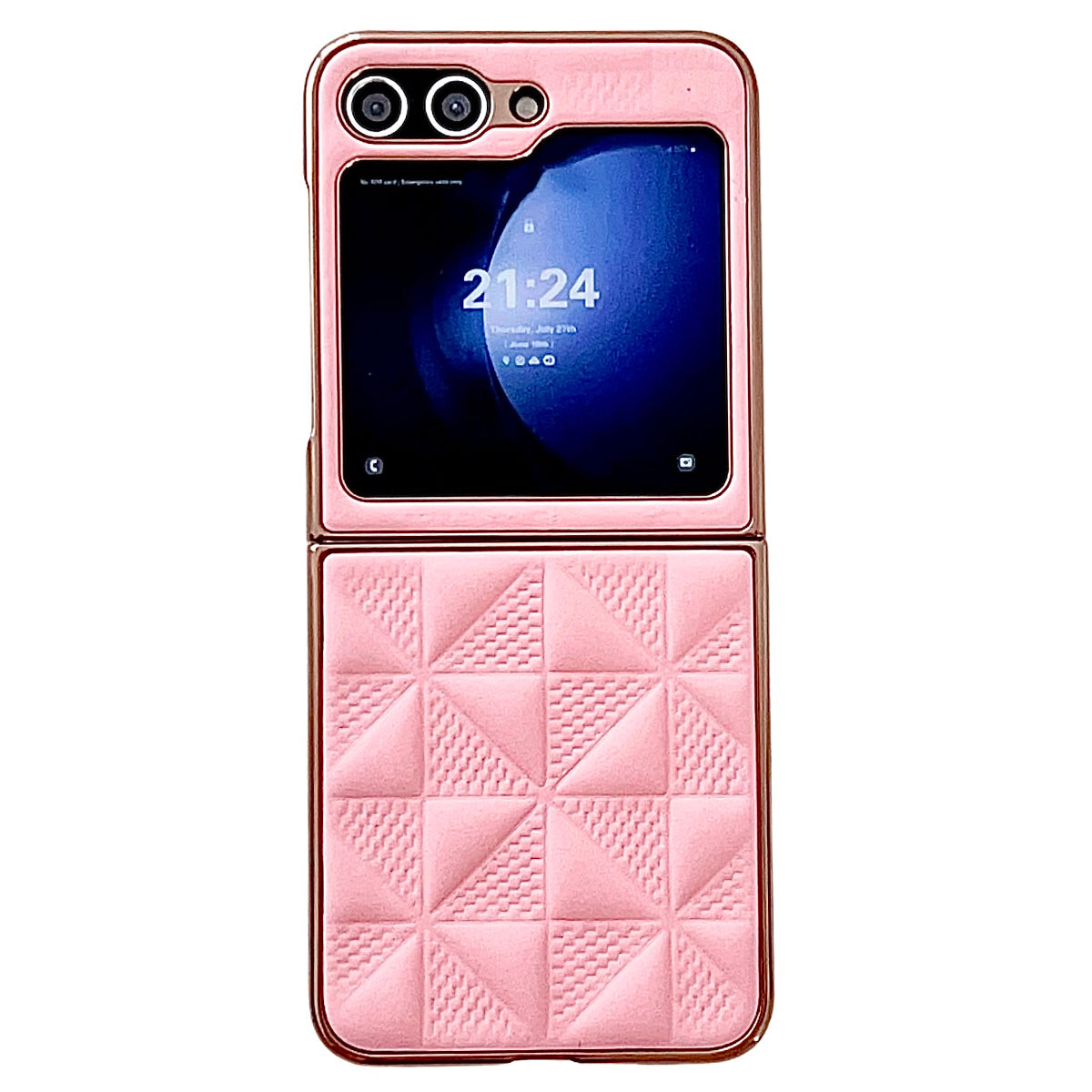 For Samsung Galaxy Z Flip6 5G Case Electroplating Frame Leather + PC Grid Texture Phone Cover - Pink