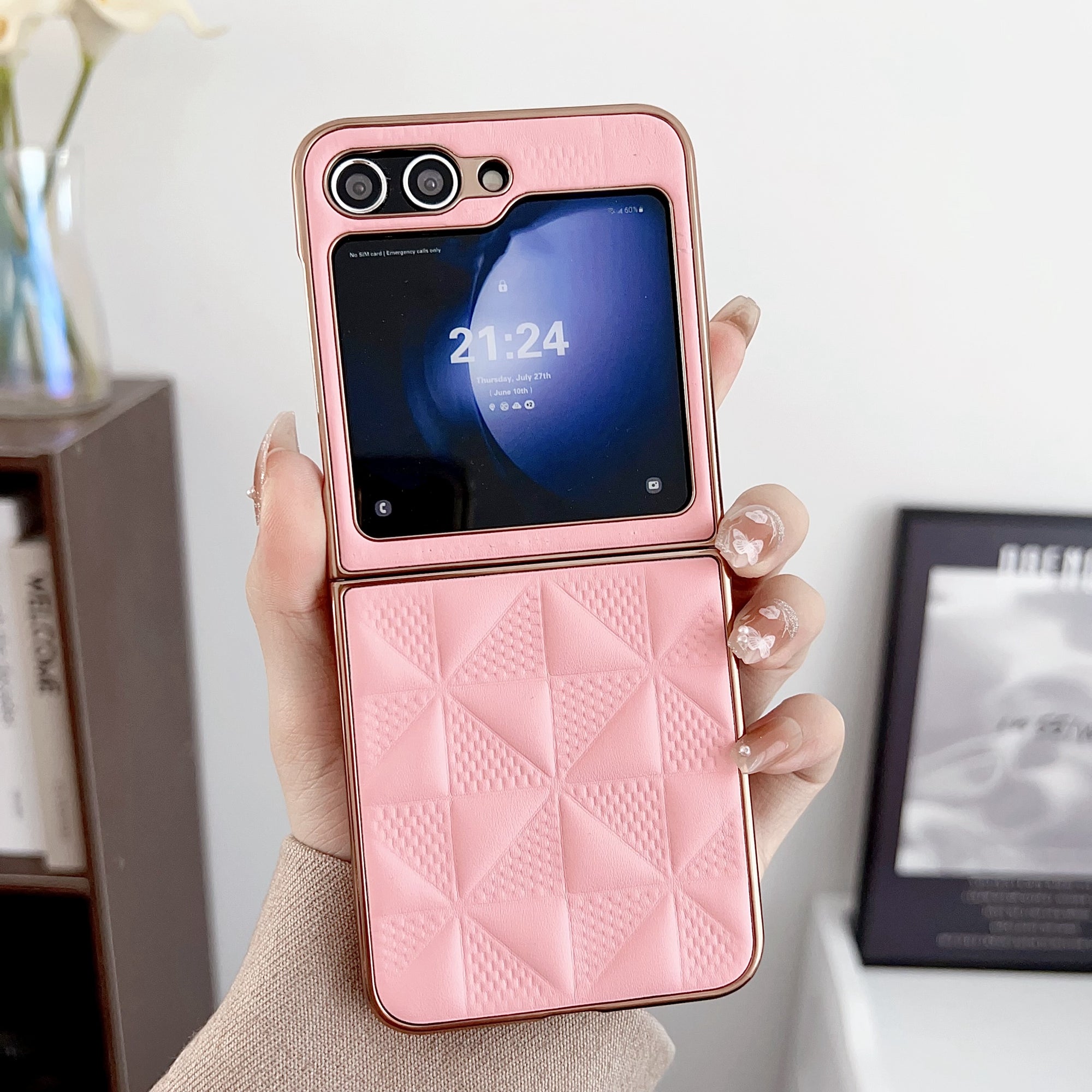 For Samsung Galaxy Z Flip6 5G Case Electroplating Frame Leather + PC Grid Texture Phone Cover - Pink