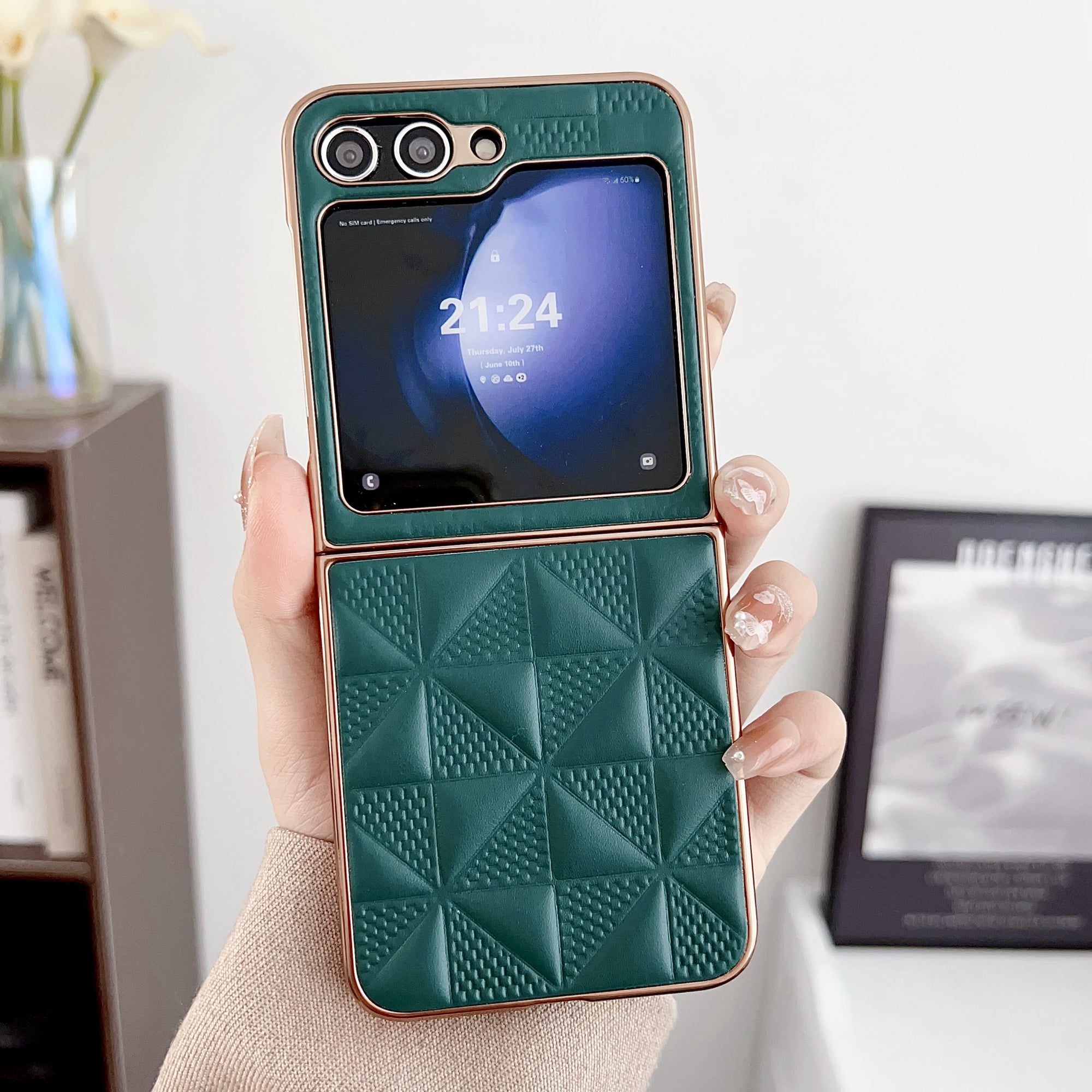 For Samsung Galaxy Z Flip6 5G Case Electroplating Frame Leather + PC Grid Texture Phone Cover - Dark Green