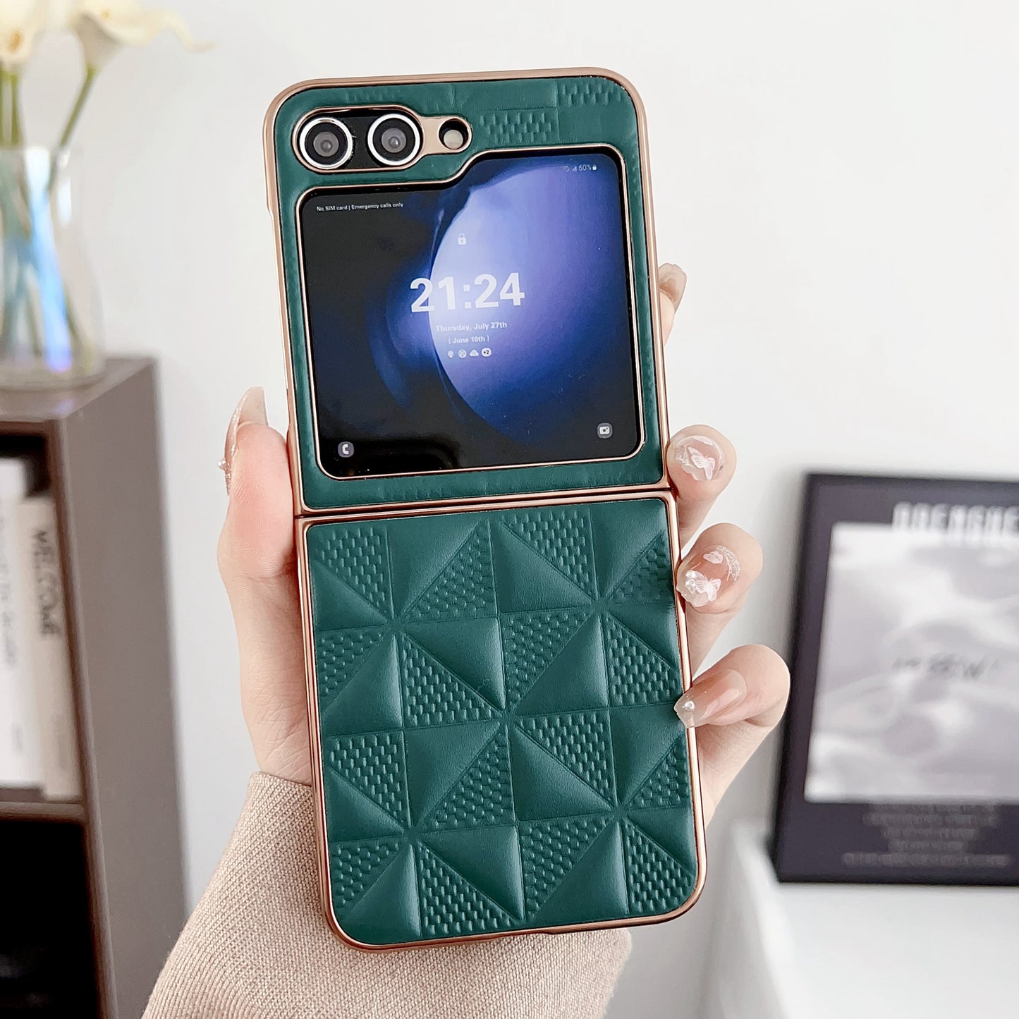 For Samsung Galaxy Z Flip6 5G Case Electroplating Frame Leather + PC Grid Texture Phone Cover - Dark Green