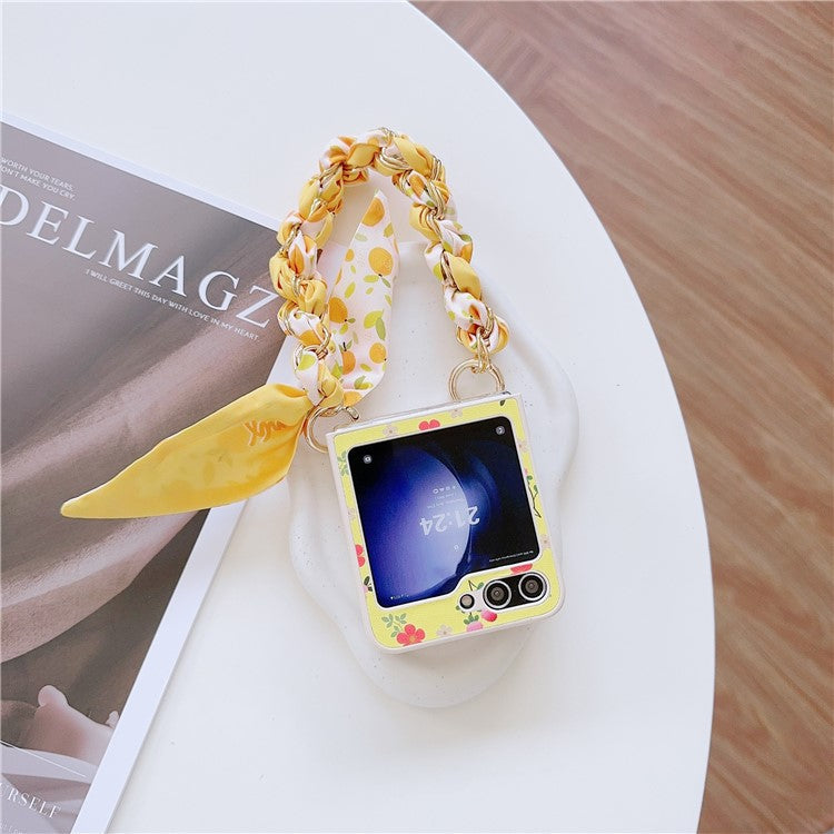 For Samsung Galaxy Z Flip5 5G Flower Pattern PU Leather+PC Cell Phone Cover with Silk Scarf Chain - Yellow