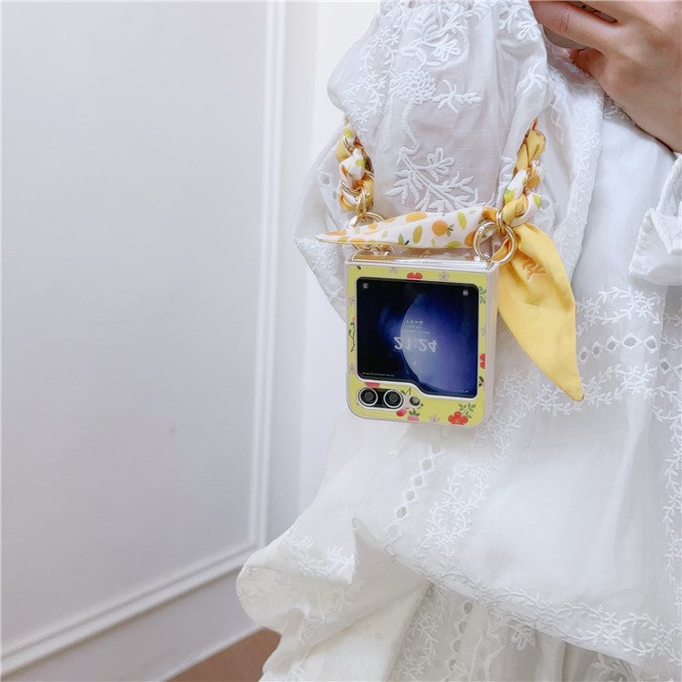 For Samsung Galaxy Z Flip5 5G Flower Pattern PU Leather+PC Cell Phone Cover with Silk Scarf Chain - Yellow
