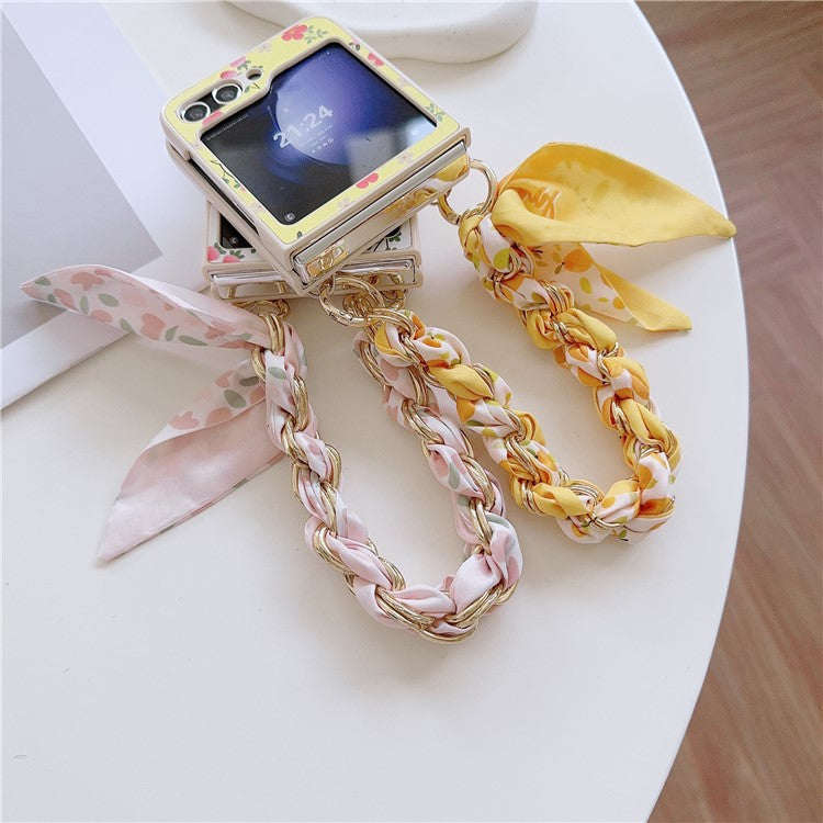 For Samsung Galaxy Z Flip5 5G Flower Pattern PU Leather+PC Cell Phone Cover with Silk Scarf Chain - Yellow