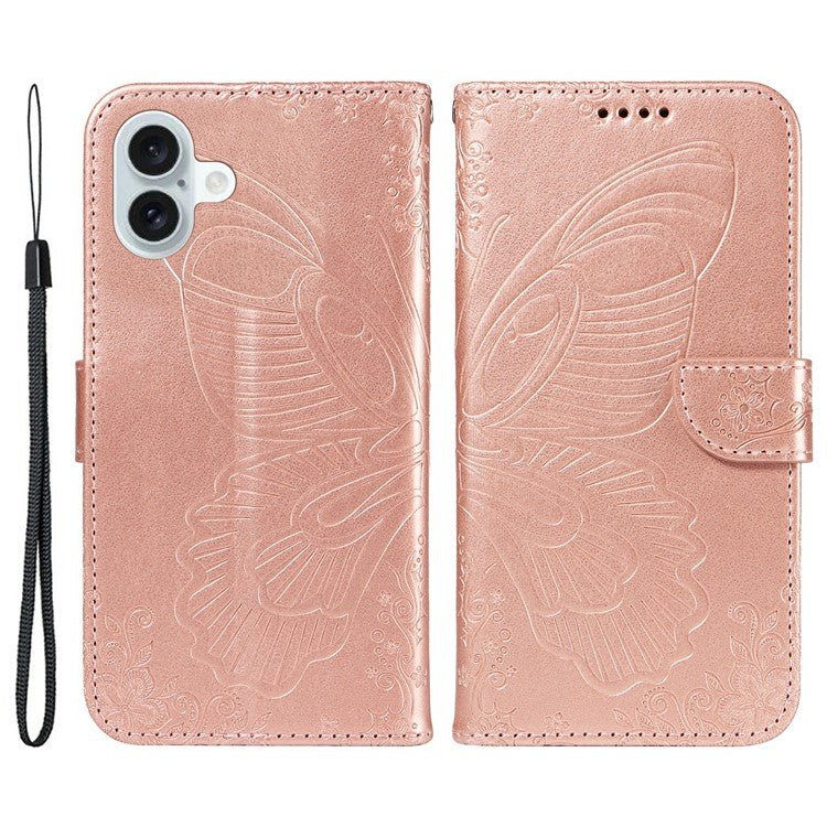 For iPhone 16 Plus Leather Case Butterfly Pattern Wallet Card Slots Phone Cover - Rose Gold