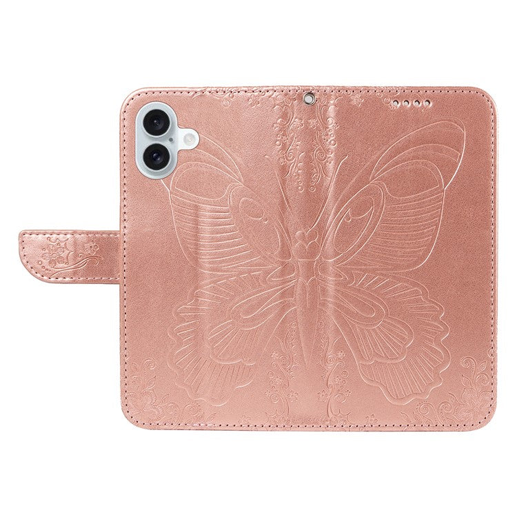 For iPhone 16 Plus Leather Case Butterfly Pattern Wallet Card Slots Phone Cover - Rose Gold