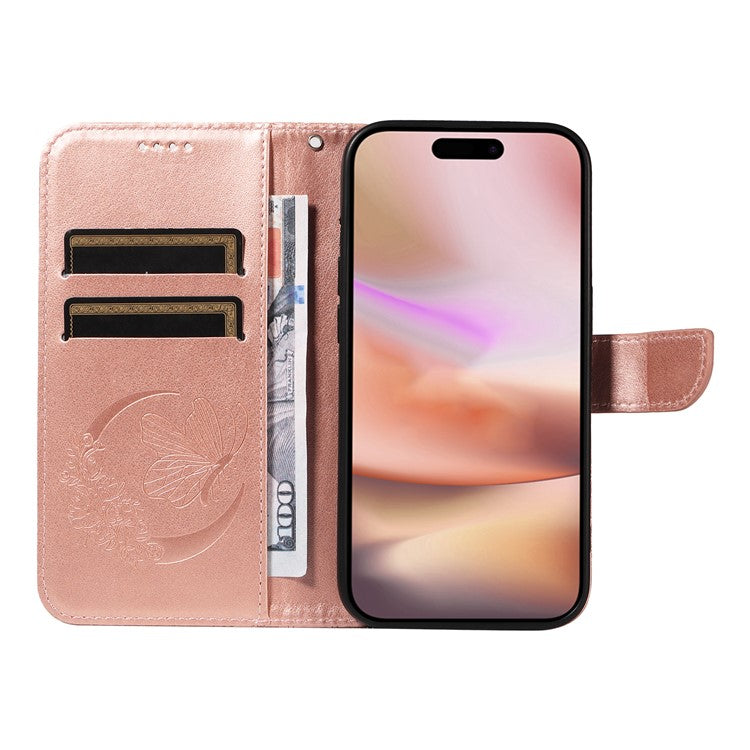 For iPhone 16 Plus Leather Case Butterfly Pattern Wallet Card Slots Phone Cover - Rose Gold