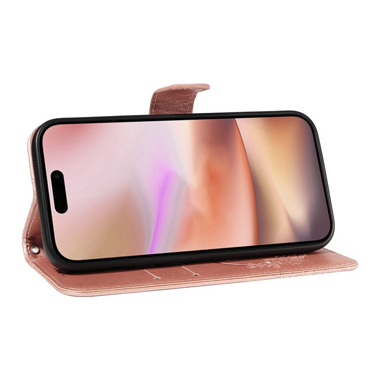 For iPhone 16 Plus Leather Case Butterfly Pattern Wallet Card Slots Phone Cover - Rose Gold
