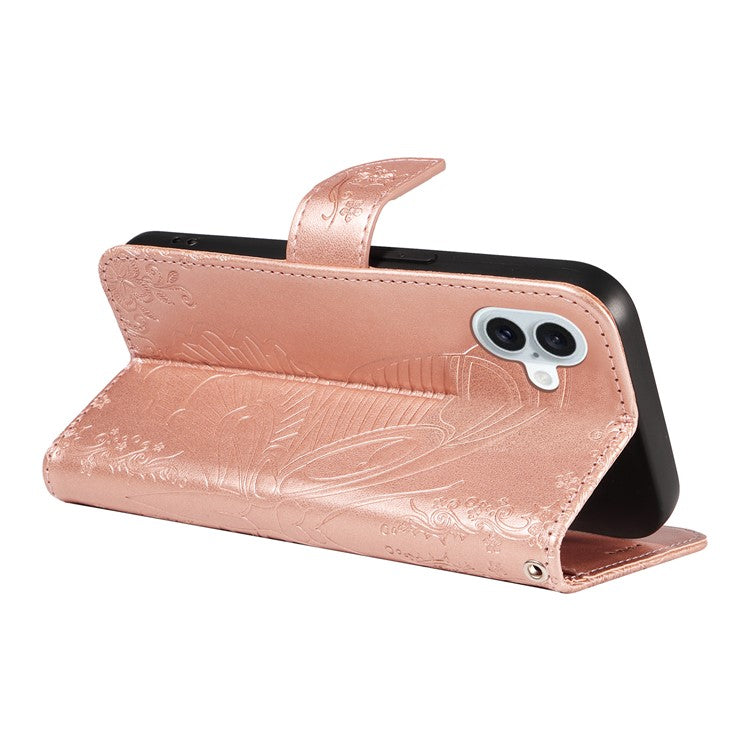 For iPhone 16 Plus Leather Case Butterfly Pattern Wallet Card Slots Phone Cover - Rose Gold