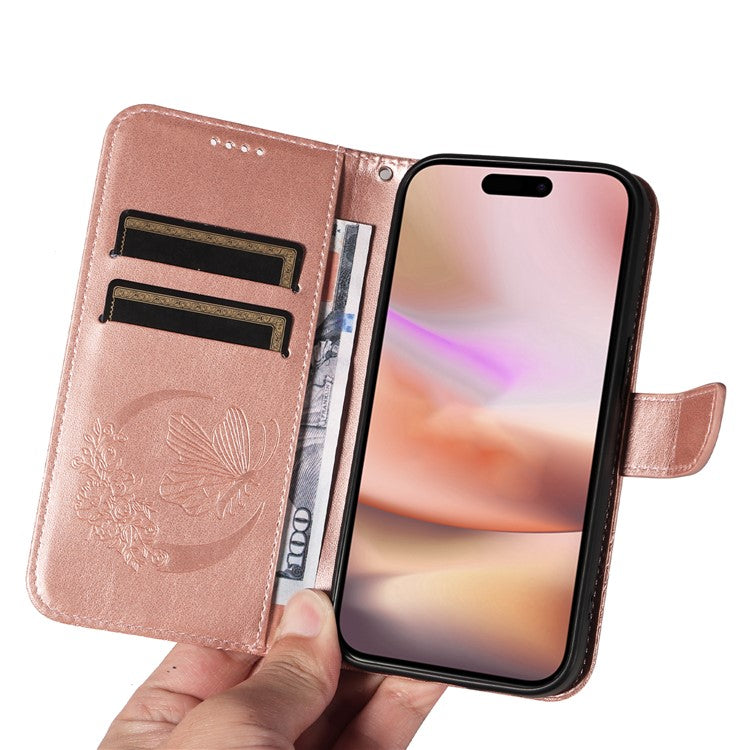 For iPhone 16 Plus Leather Case Butterfly Pattern Wallet Card Slots Phone Cover - Rose Gold
