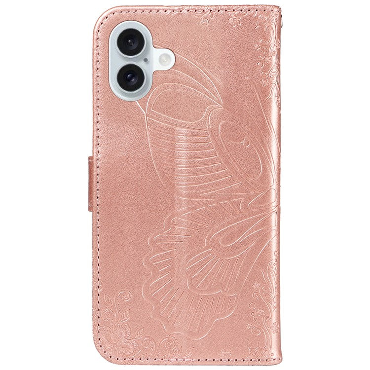 For iPhone 16 Plus Leather Case Butterfly Pattern Wallet Card Slots Phone Cover - Rose Gold