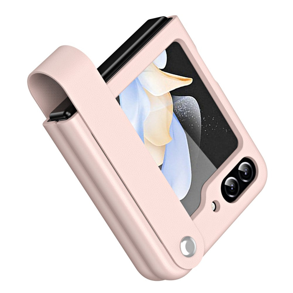 For Samsung Galaxy Z Flip7 FE 5G / Z Flip6 5G / Z Flip5 5G Case PU Leather + PC Phone Cover with Grip Strap - Pink