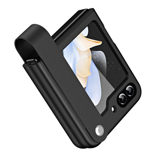 For Samsung Galaxy Z Flip7 FE 5G / Z Flip6 5G / Z Flip5 5G Case PU Leather + PC Phone Cover with Grip Strap - Black