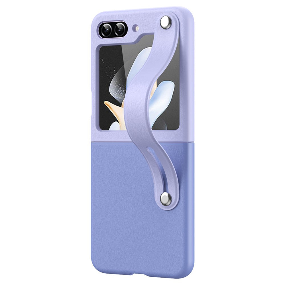 For Samsung Galaxy Z Flip7 FE 5G / Z Flip6 5G / Z Flip5 5G PU+PC Case Dual Color Hand Strap Kickstand Phone Cover - Sky Blue / Light Purple