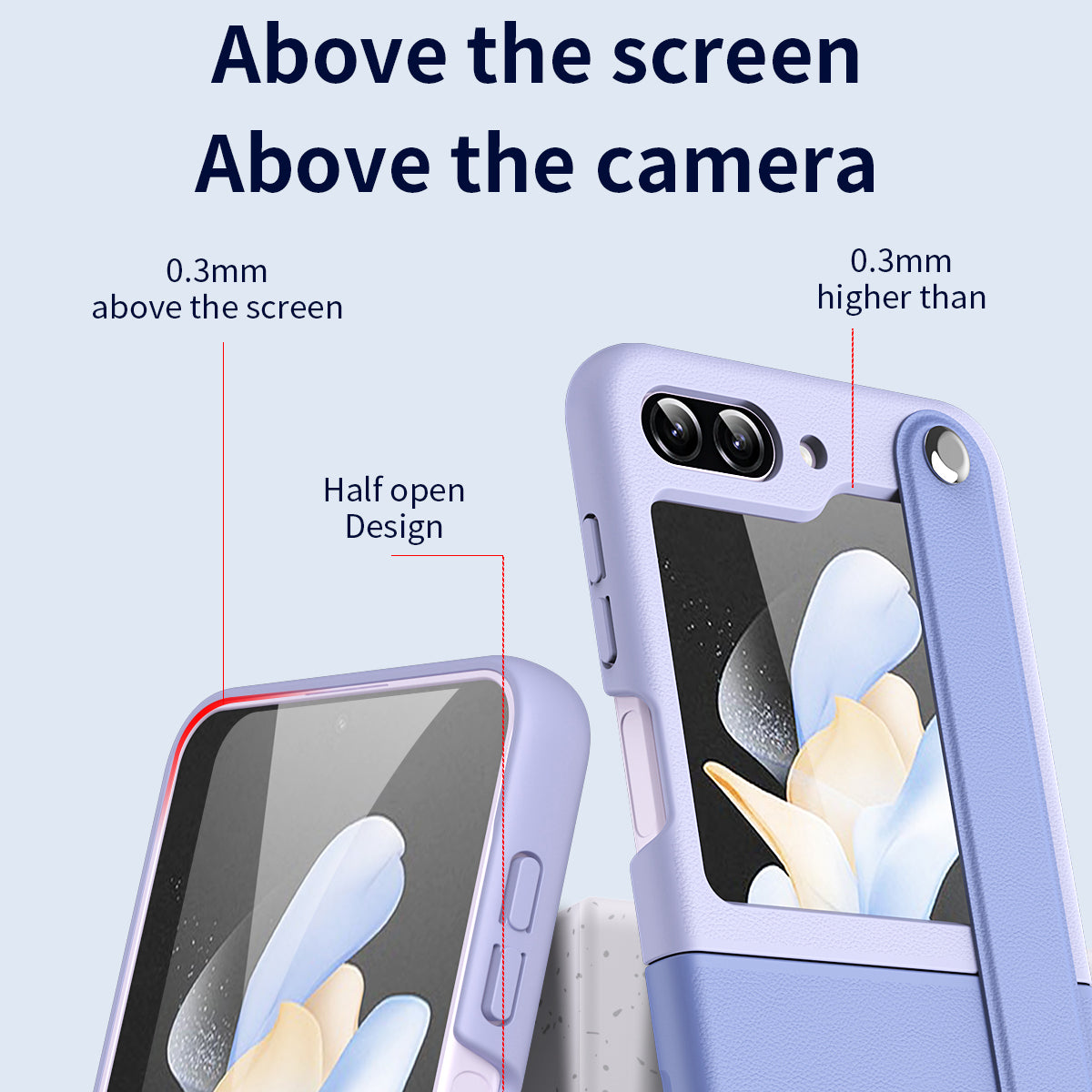 For Samsung Galaxy Z Flip6 5G PU+PC Case Dual Color Hand Strap Kickstand Phone Cover - Sky Blue / Light Purple